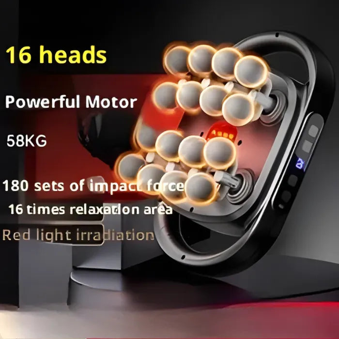 Massage Gun with glowing 16 massage heads and high-power motor shown emitting warm force for intense deep muscle relaxation