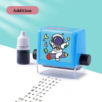 Kids math stamp for learning featuring blue astronaut design with addition practice sheets