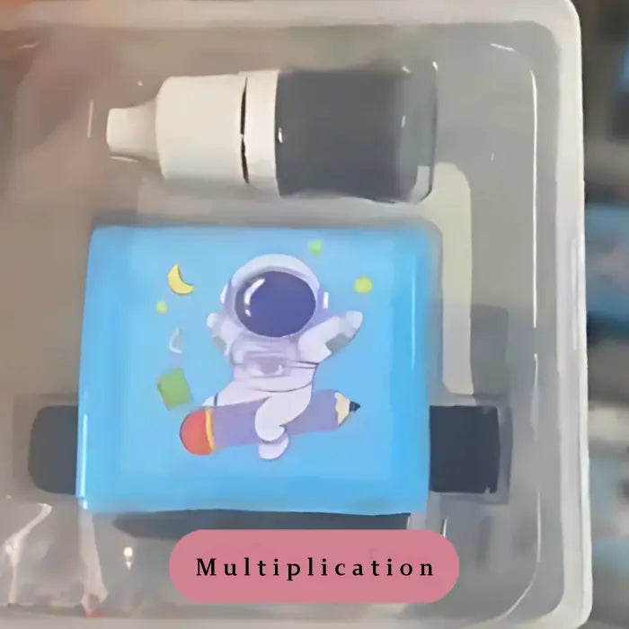 Kids math stamp for learning multiplication with blue astronaut design