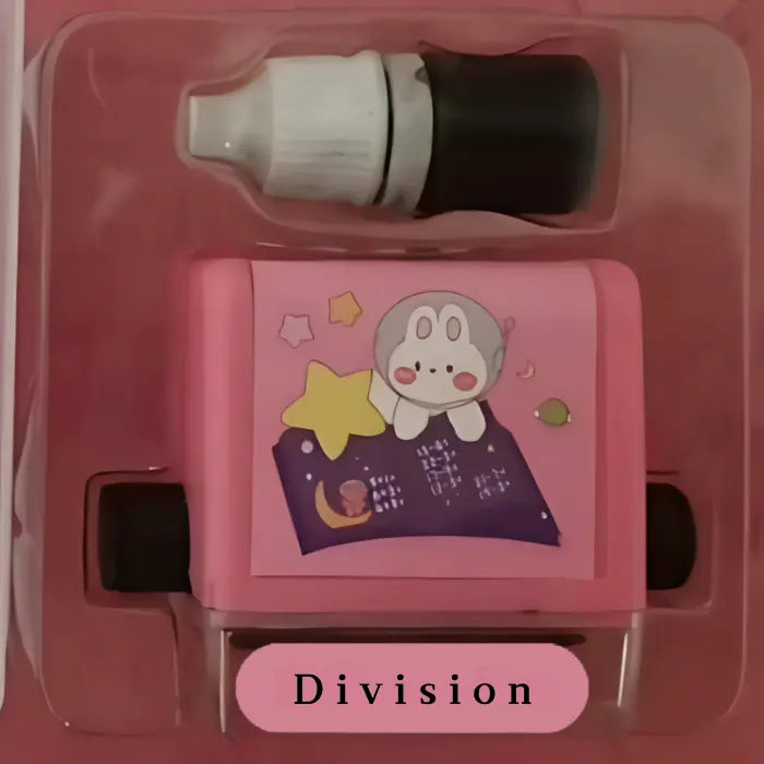 Kids math stamp for learning division featuring pink bunny character