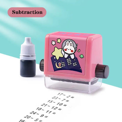 Kids math stamp for learning with pink bunny design and subtraction equations