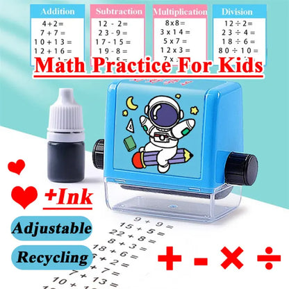 Kids math stamp for learning set with astronaut and bunny designs for all operations