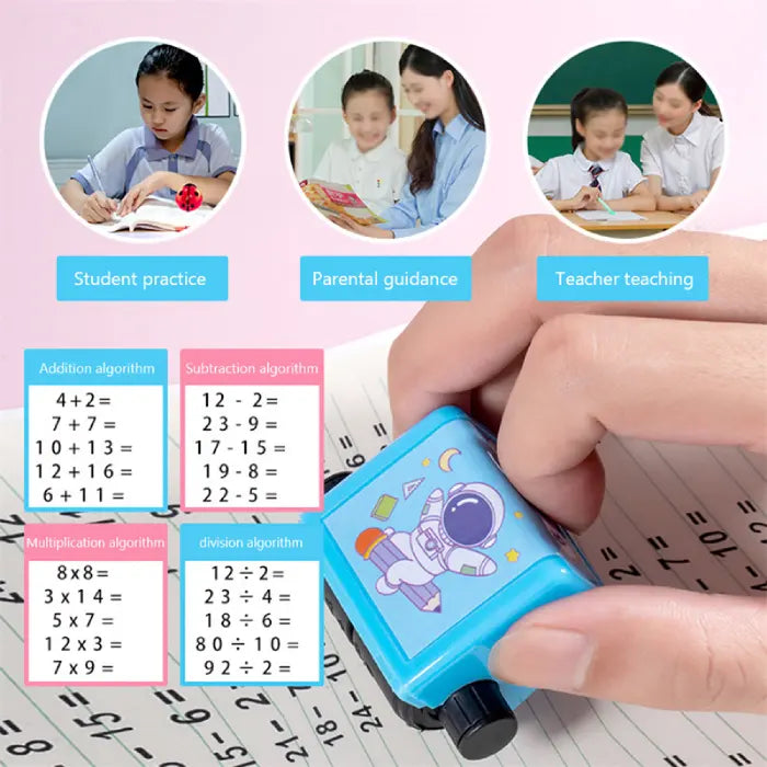 Kids math stamp for learning shown in student, parent, and teacher educational settings