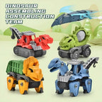 Mechanical Dinasour construction team toys including crane, dump truck, and dino-themed drill.