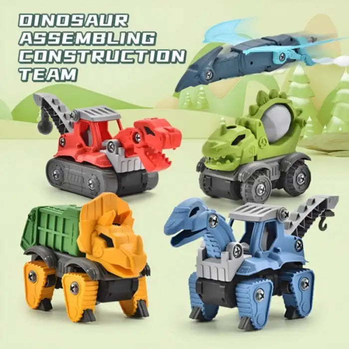 Mechanical Dinasour construction team toys including crane, dump truck, and dino-themed drill.