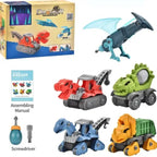 Mechanical Dinasour toy kit with colorful vehicles, assembly tools, and packaging box for kids aged 3+.