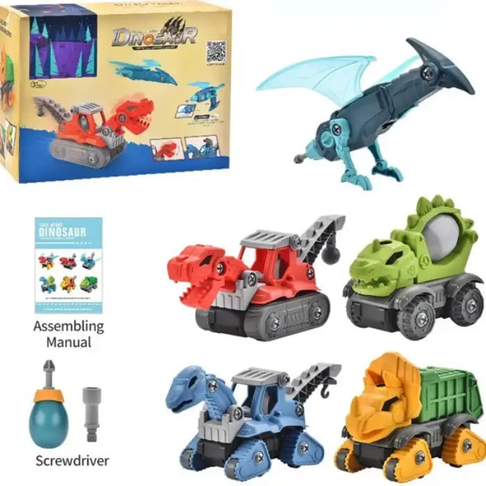 Mechanical Dinasour toy kit with colorful vehicles, assembly tools, and packaging box for kids aged 3+.