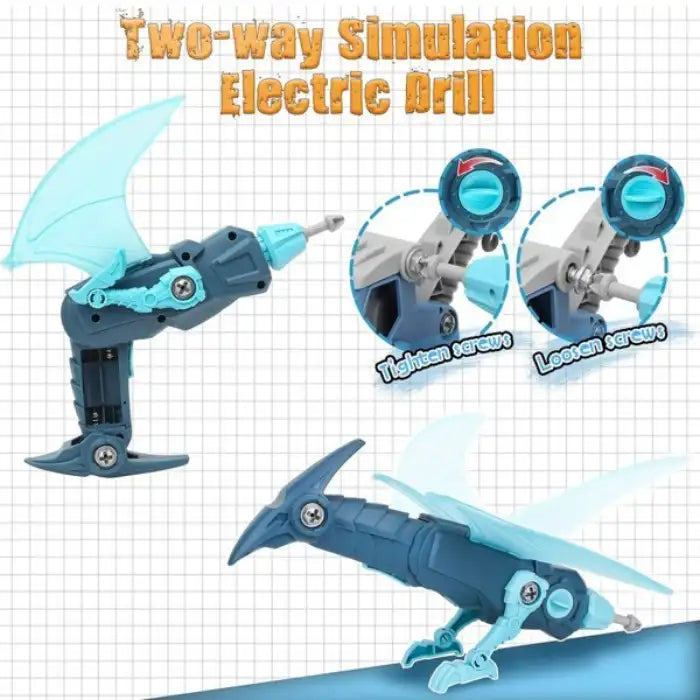 Mechanical Dinasour electric drill with two-way screw-tightening feature and pterosaur-shaped body.