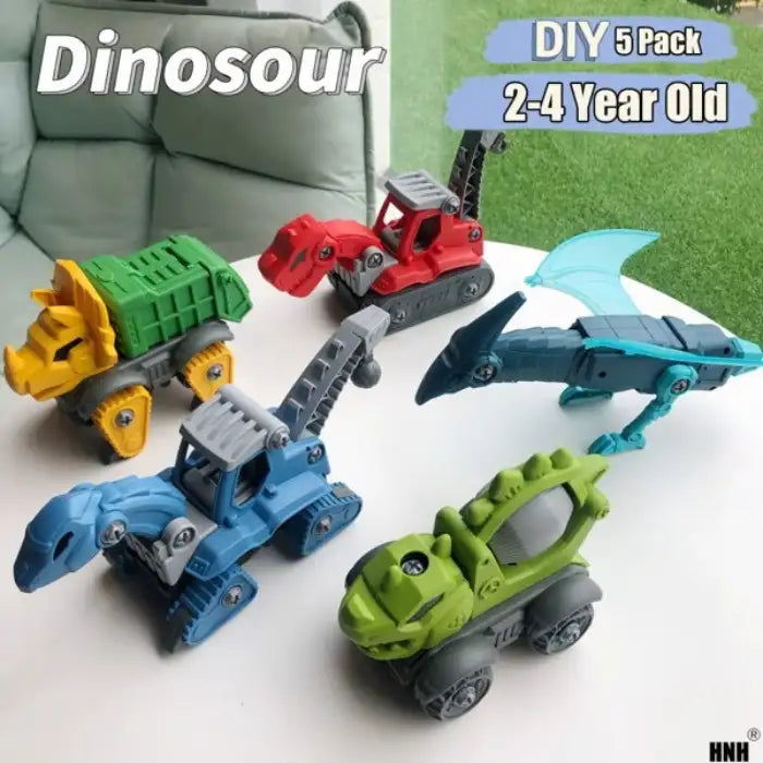 Mechanical Dinasour 5-pack toy vehicles laid out on table, ideal for toddlers aged 2 to 4 years.