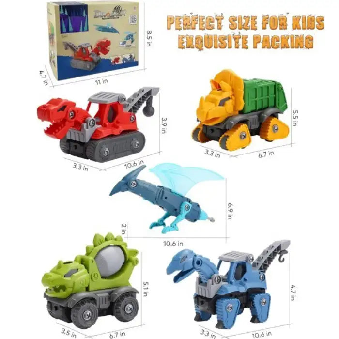 Mechanical Dinasour toy size chart showing dimensions of dinosaur trucks and box packaging.