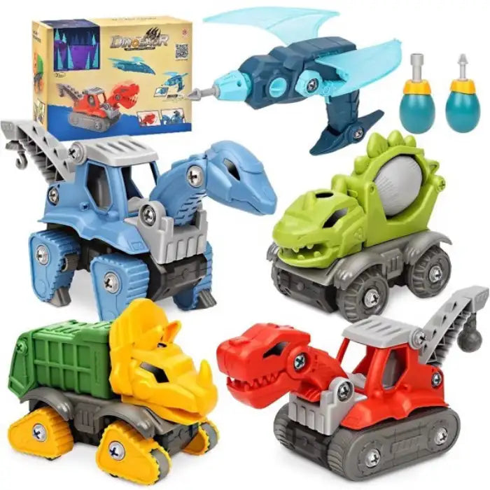 Mechanical Dinasour toy set including 5 vehicles, screwdriver tools, and a flying dinosaur drill.