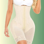 Beige front view of medical grade waist trainer with hook closure and mesh thigh panels.
