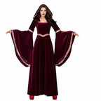 Medieval sorceress Halloween costume with burgundy hooded robe and wide sleeves.
