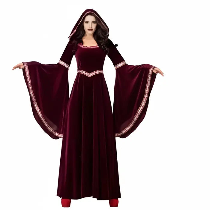 Medieval sorceress Halloween costume with burgundy hooded robe and wide sleeves.