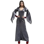 Medieval witch Halloween costume with long grey gown and flared sleeves.
