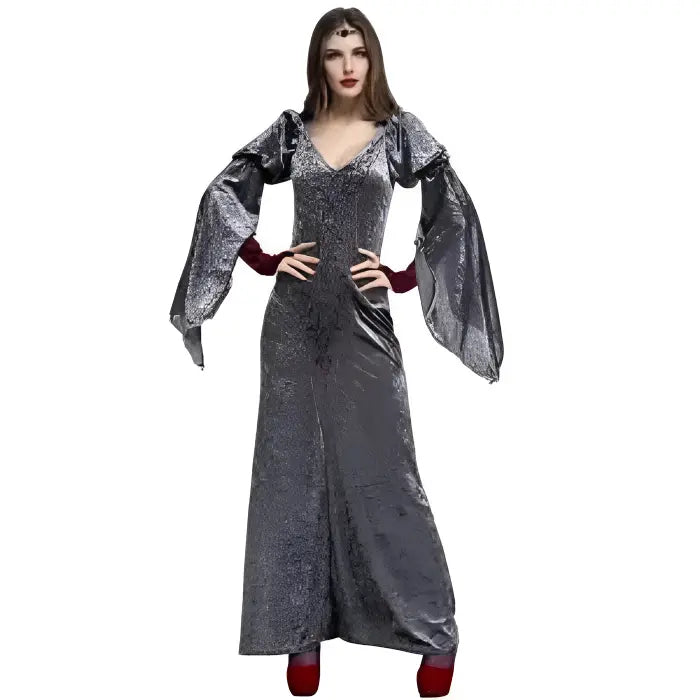 Medieval witch Halloween costume with long grey gown and flared sleeves.