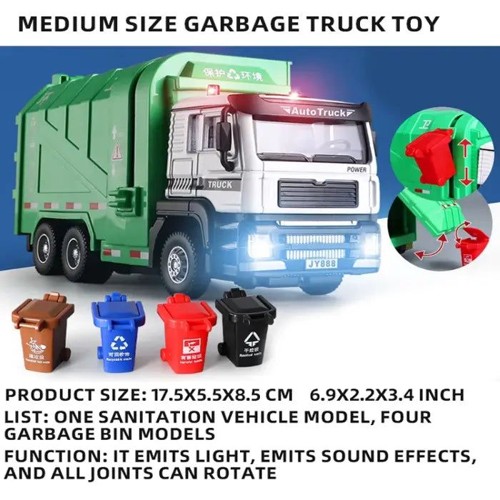 Medium-size green garbage truck toy with four small bins, light and sound effects, and movable parts.