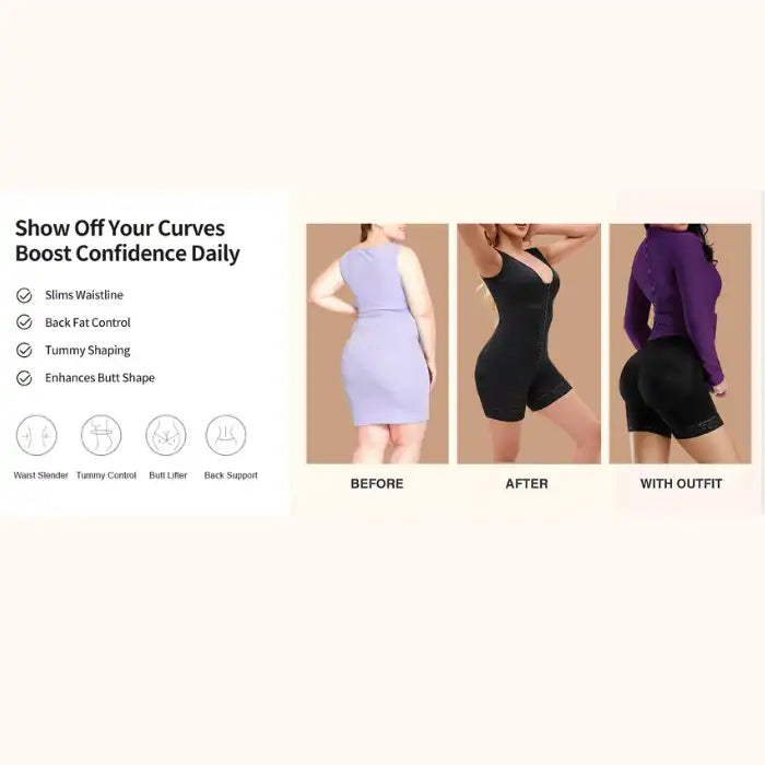 Melibelt bodysuit shapewear showing before and after body shaping and smoothing under clothes