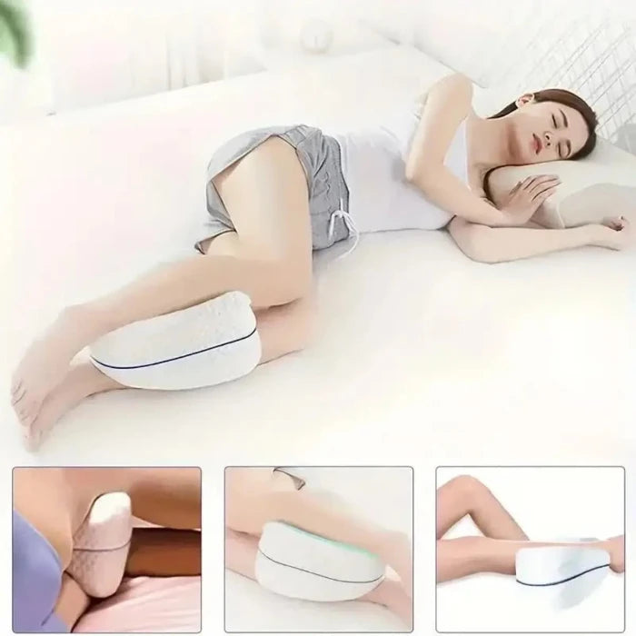 Memory foam knee pillow for side sleepers offering spine alignment and joint pain relief.