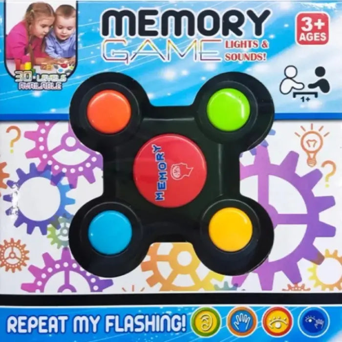 Memory game in retail packaging showing buttons, lights, and age suitability for children.