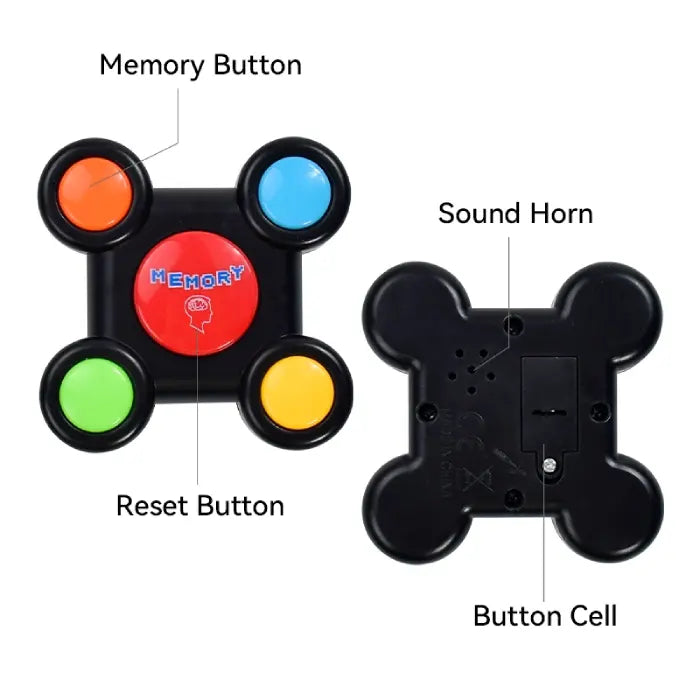 Back view of the memory game controller highlighting reset button, sound horn, and battery compartment.