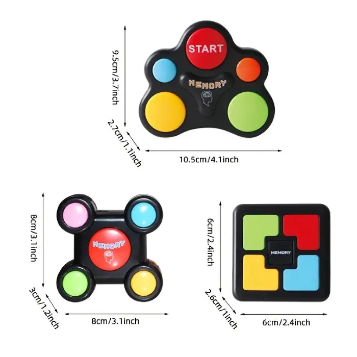 Size dimensions of three different black memory game controllers with colorful buttons.