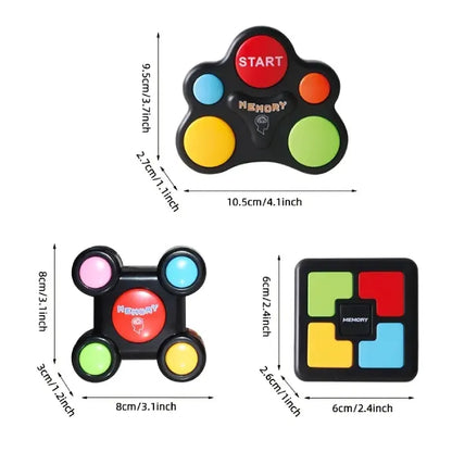 Size dimensions of three different black memory game controllers with colorful buttons.