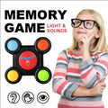 Memory game for kids with lights and sounds, girl thinking while looking at the colorful toy.
