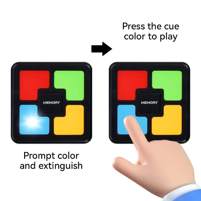 Memory game showing colorful buttons lighting up, prompting the user to press the correct sequence.