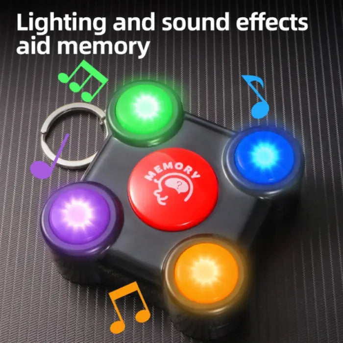 Memory game toy with light and sound effects activated on colored buttons.
