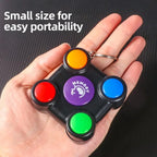 Memory game keychain size shown in hand, compact and portable design for on-the-go play.