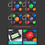 Memory game keychains in five random color combinations with battery slot and start button instructions.