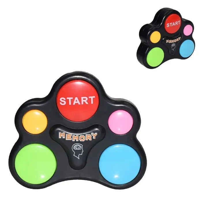 Handheld memory game toy with brightly colored buttons, a red "Start" button, and the word "Memory" with a brain icon on the front.