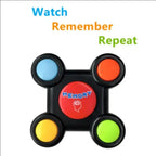 Memory game toy showing bright buttons with text prompts: watch, remember, and repeat.