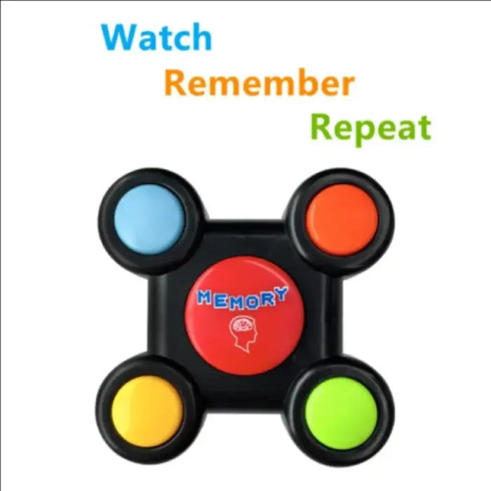 Memory game toy showing bright buttons with text prompts: watch, remember, and repeat.