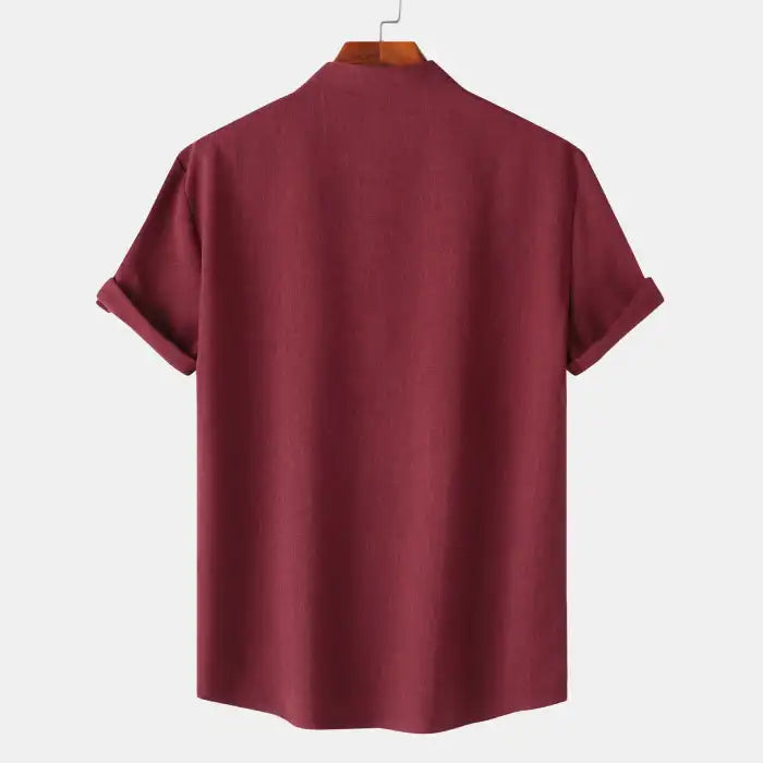 Men's blouses maroon plain fabric with short sleeves and rolled cuffs back view
