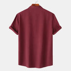 Men's blouses maroon plain fabric with short sleeves and rolled cuffs back view