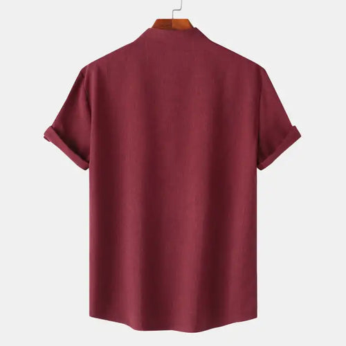 Men's blouses maroon plain fabric with short sleeves and rolled cuffs back view
