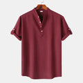  Men's blouses maroon short sleeve casual shirt with buttoned collar and rolled cuffs front view