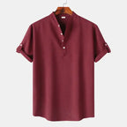  Men's blouses maroon short sleeve casual shirt with buttoned collar and rolled cuffs front view