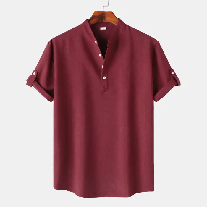  Men's blouses maroon short sleeve casual shirt with buttoned collar and rolled cuffs front view