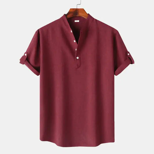  Men's blouses maroon short sleeve casual shirt with buttoned collar and rolled cuffs front view