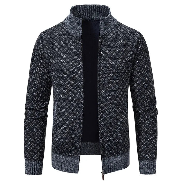 Mens Cardigan Sweater in black with light grey diamond knit, ribbed collar and cuffs, open front view.