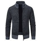 Mens Cardigan Sweater in black with light grey diamond knit, ribbed collar and cuffs, open front view.