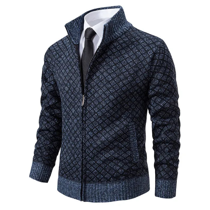 Mens Cardigan Sweater in navy with subtle pattern, front zipper and formal styling with shirt and tie.