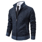 Mens Cardigan Sweater in navy with subtle pattern, front zipper and formal styling with shirt and tie.
