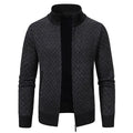 Mens Cardigan Sweater in dark grey with diamond pattern and ribbed collar, displayed zipped open.