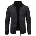 Mens Cardigan Sweater in dark grey with diamond pattern and ribbed collar, displayed zipped open.