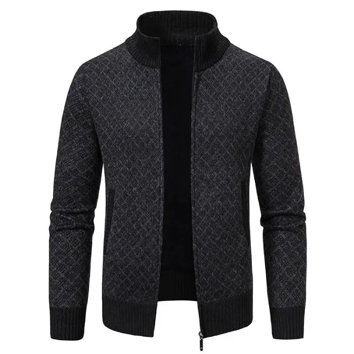 Mens Cardigan Sweater in dark grey with diamond pattern and ribbed collar, displayed zipped open.