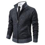 Mens Cardigan Sweater in charcoal grey styled formally with shirt and tie, front zip and side pockets.